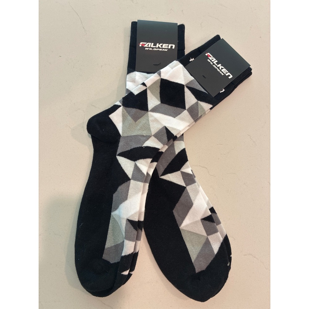 Falken Wildpeak Mens Crew Socks Black White Grey Geometric One Size New 2 pairs‎